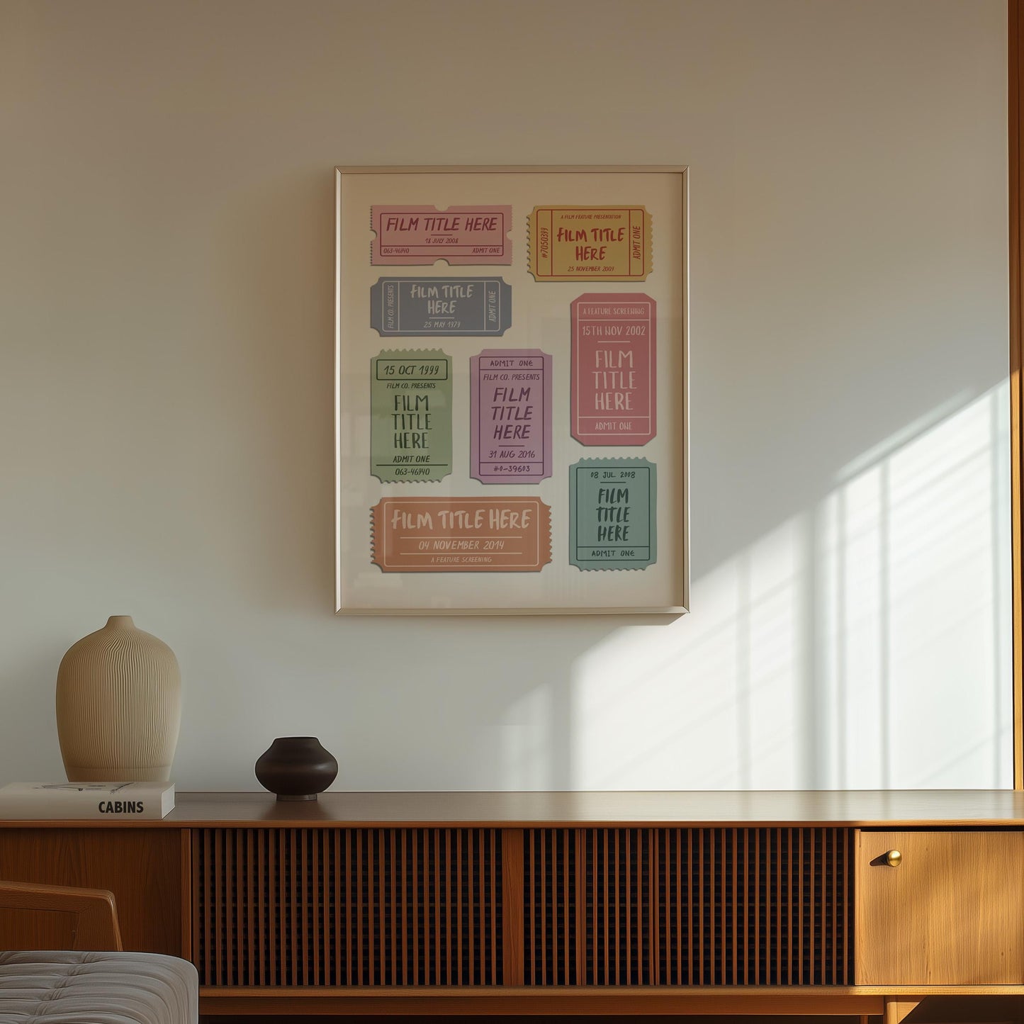 Personalised film theatre stubs poster, perfect for movie lovers framed on the wall in a retro mid century home.