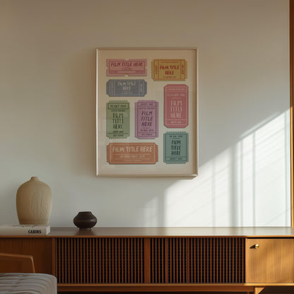 Personalised film theatre stubs poster, perfect for movie lovers framed on the wall in a retro mid century home.