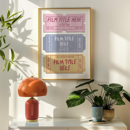 A personalized girly blockbuster wall art hung above a counter with a plant and retro lamp. An ideal nostalgic gift and keepsake for blockbuster films and cinema lovers.