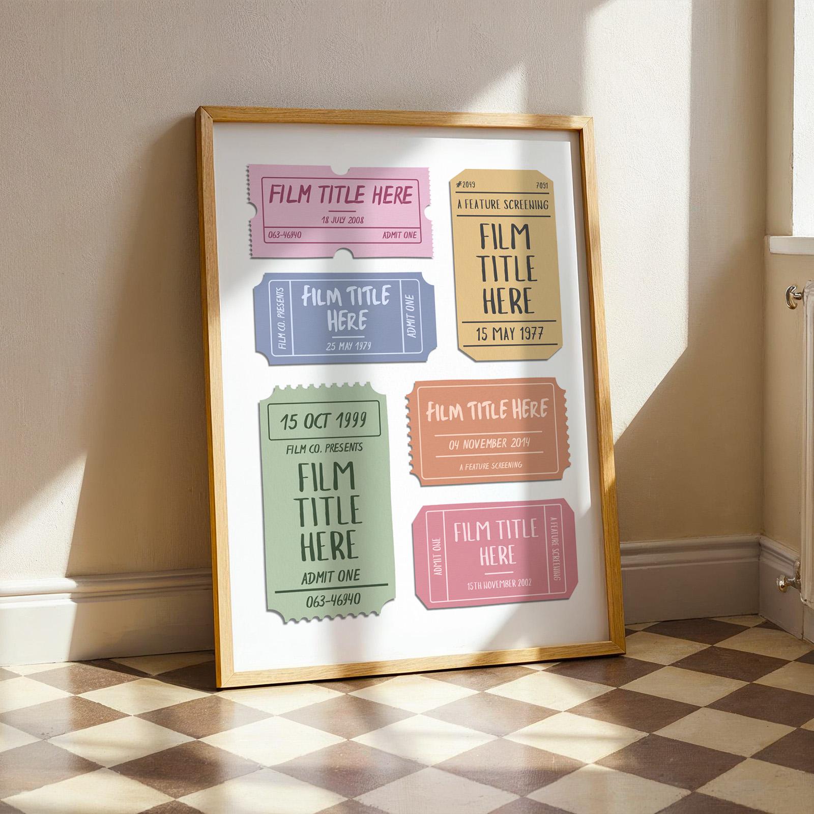 Doodle style film theatre ticket stubs poster leaning on the wall in a kitchen with a checkerboard floor. Customizable with favourite films and colours to fit the home interior style.
