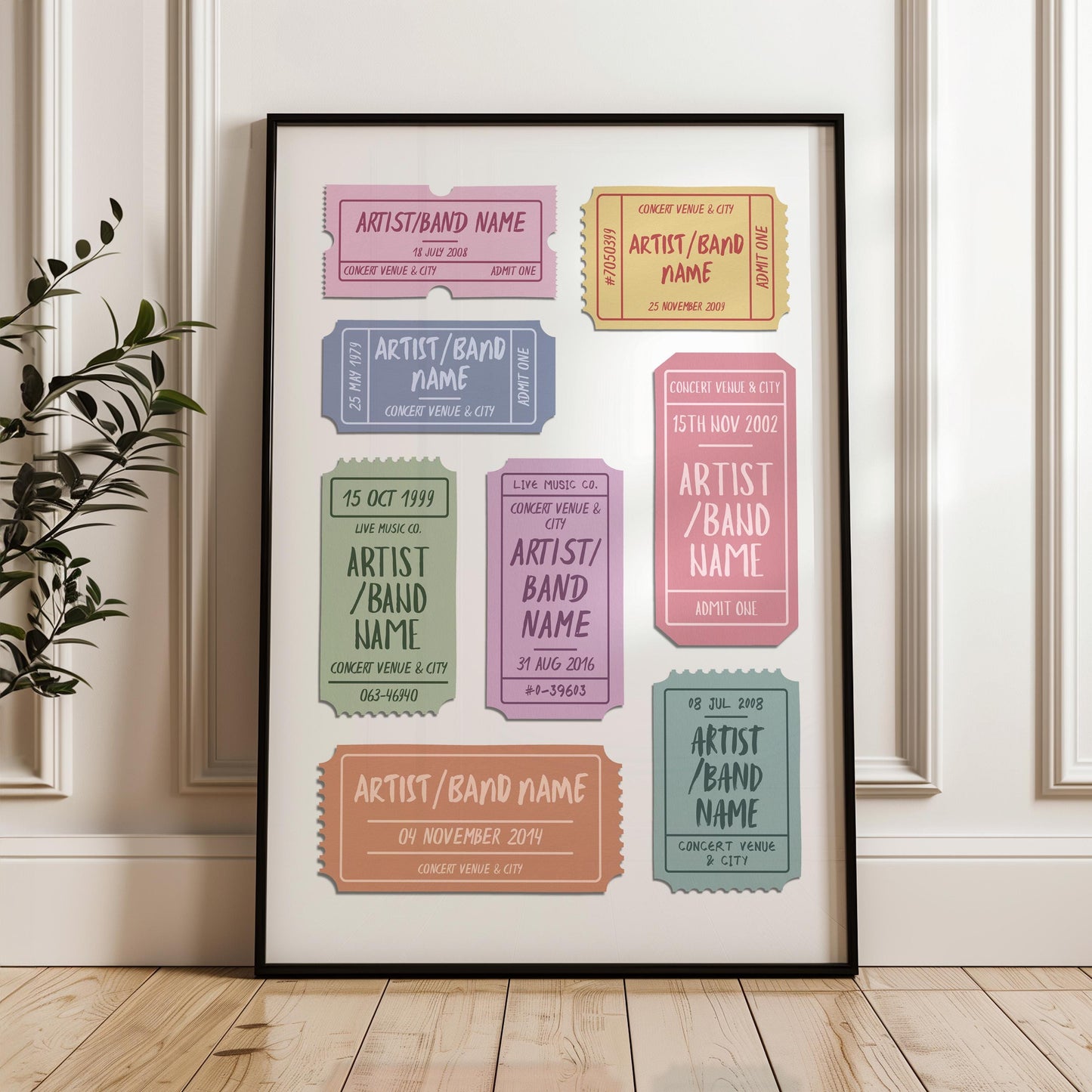 muted colour scheme old event stubs print in a wood frame. perfect gift idea for music fans