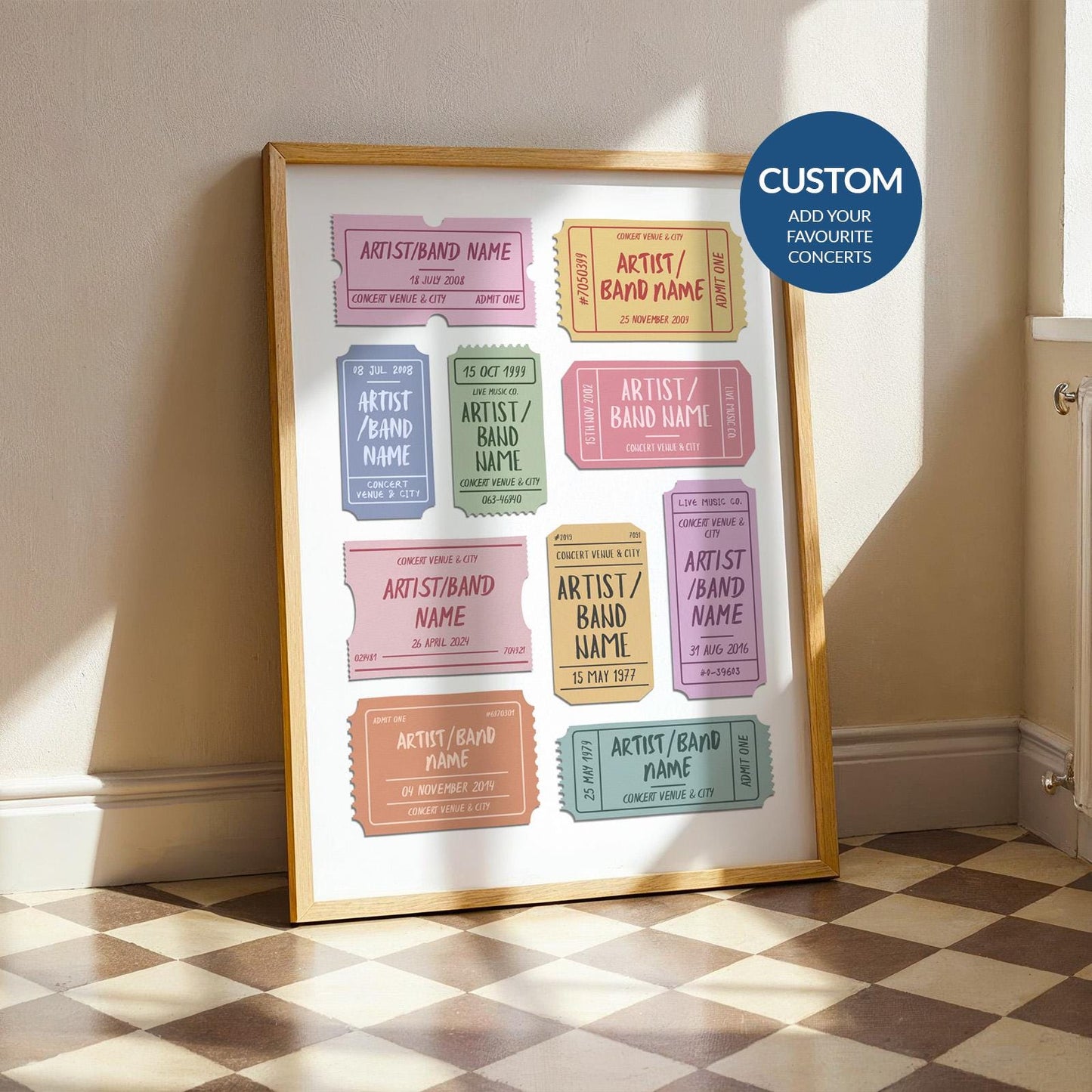 Custom vintage concert ticket poster featuring personalised gigs and artists a perfect bespoke gift for music lovers