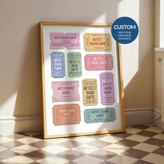 Custom vintage concert ticket poster featuring personalised gigs and artists a perfect bespoke gift for music lovers