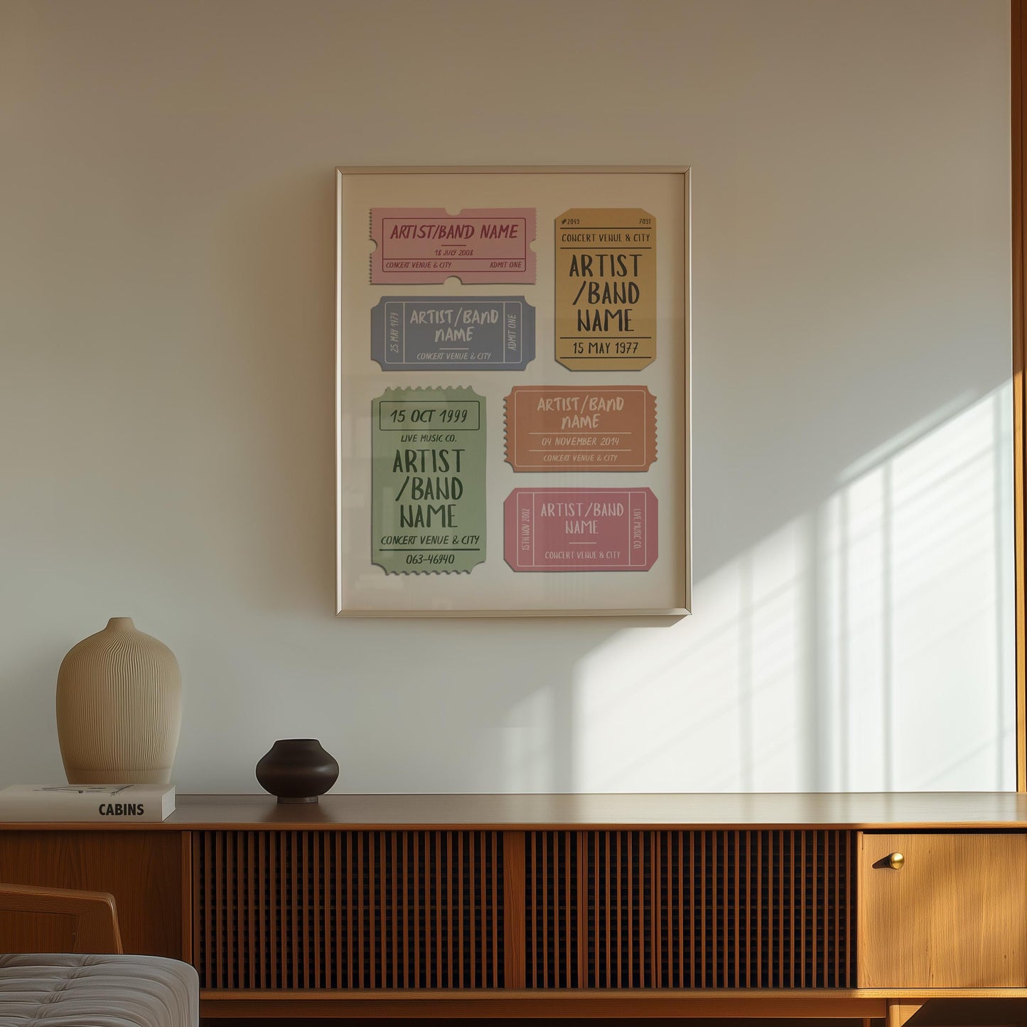 80's or 70's inspired home details with a memory wall art piece for music and concert lovers hung on the wall
