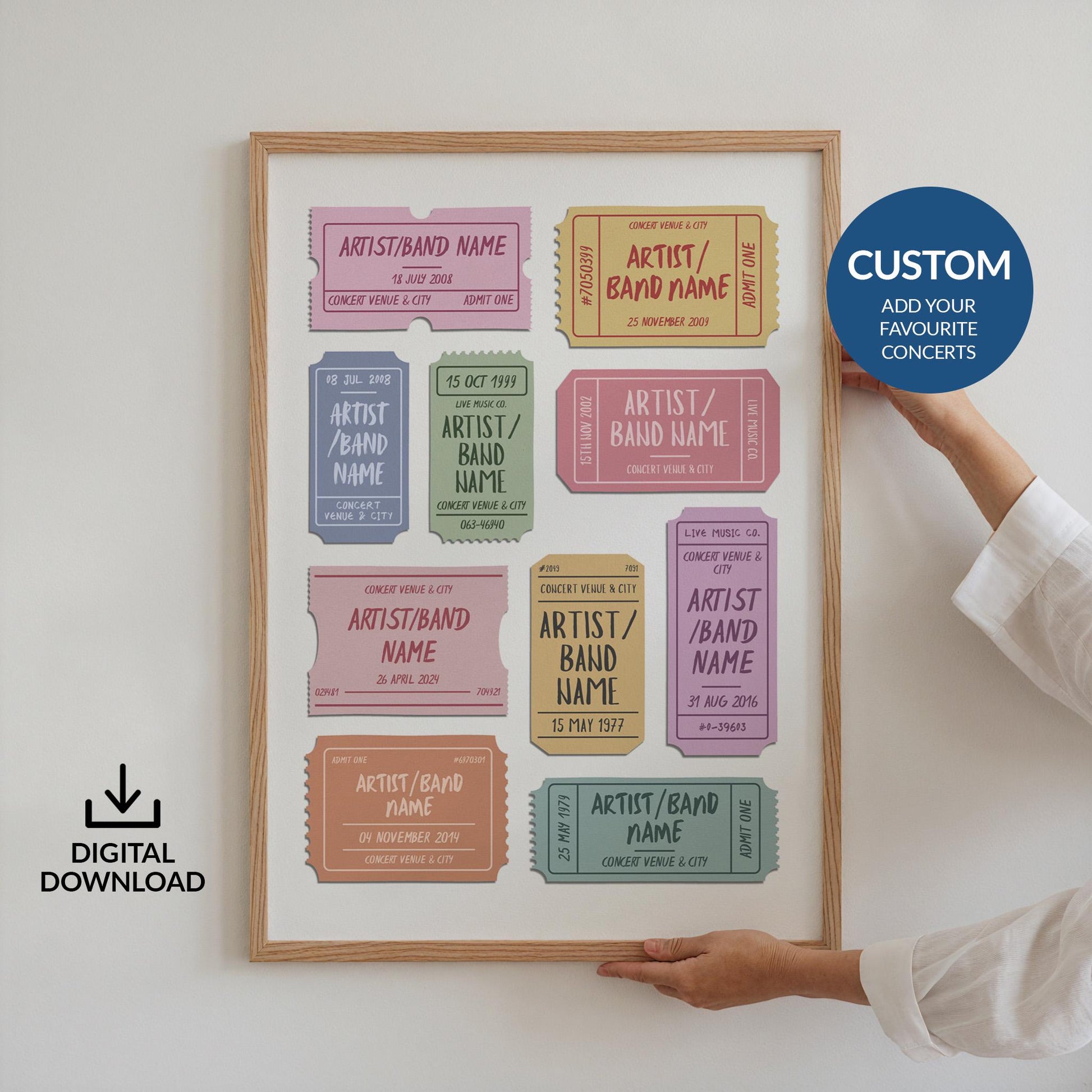 Someone holding up a framed print on a white wall. The art is a custom concert poster with vintage ticket stubs personalised with your favourite gigs and artists