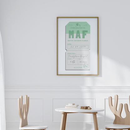 A kids nursery and playroom with a minimalist interior and playset on the floor. Above is a soft muted green colour travel tag art featuring the kids birth details and name as the airport code.