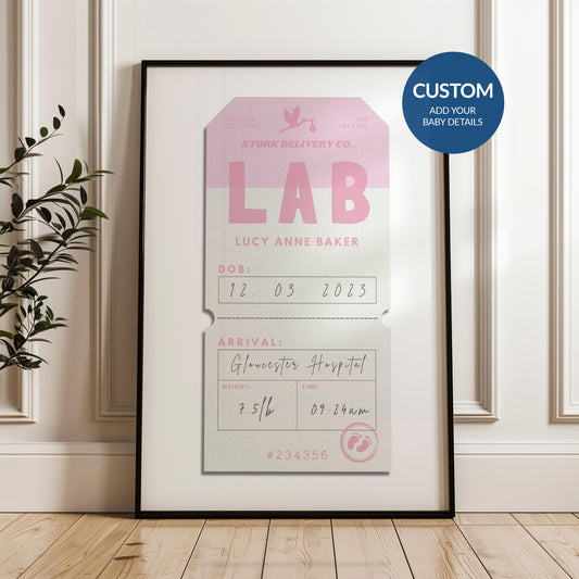 A playroom with white panelled walls and a framed print leaning on the wall. The art is a pink vintage luggage tag design with baby arrival details on it such as name, weight and time of birth.