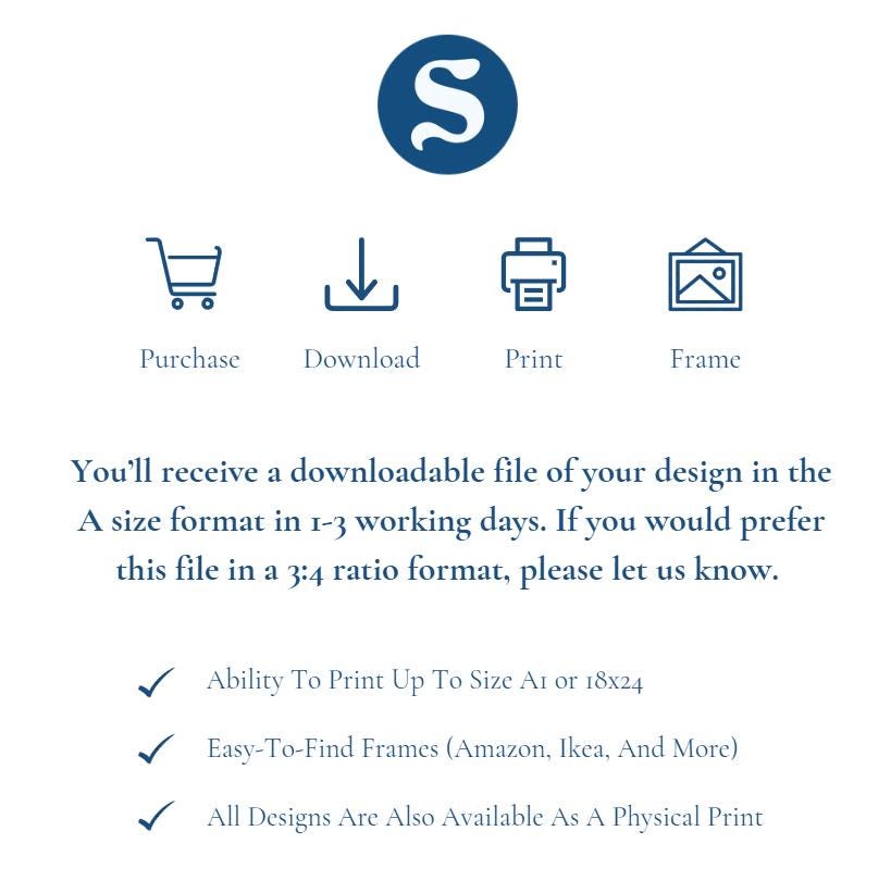 You will receive a download file once purchased in A size format as default. If you would prefer 3:4 Ratio print files please let us know when ordering.