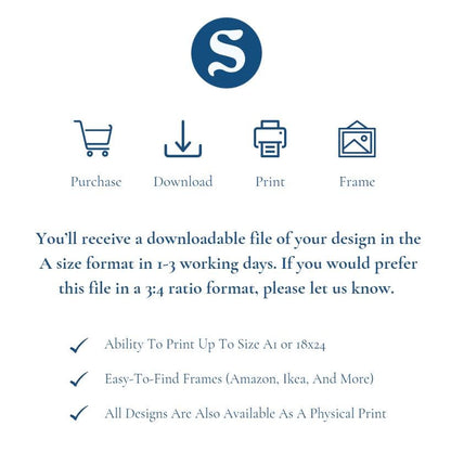 You will receive a download file once purchased in A size format as default. If you would prefer 3:4 Ratio print files please let us know when ordering.