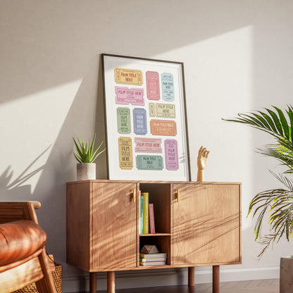 Hand drawn cinema venue art print on a cabinet in a modern flat. It is personalized with favourite movies making it an ideal nostalgic keepsake and blockbuster gift