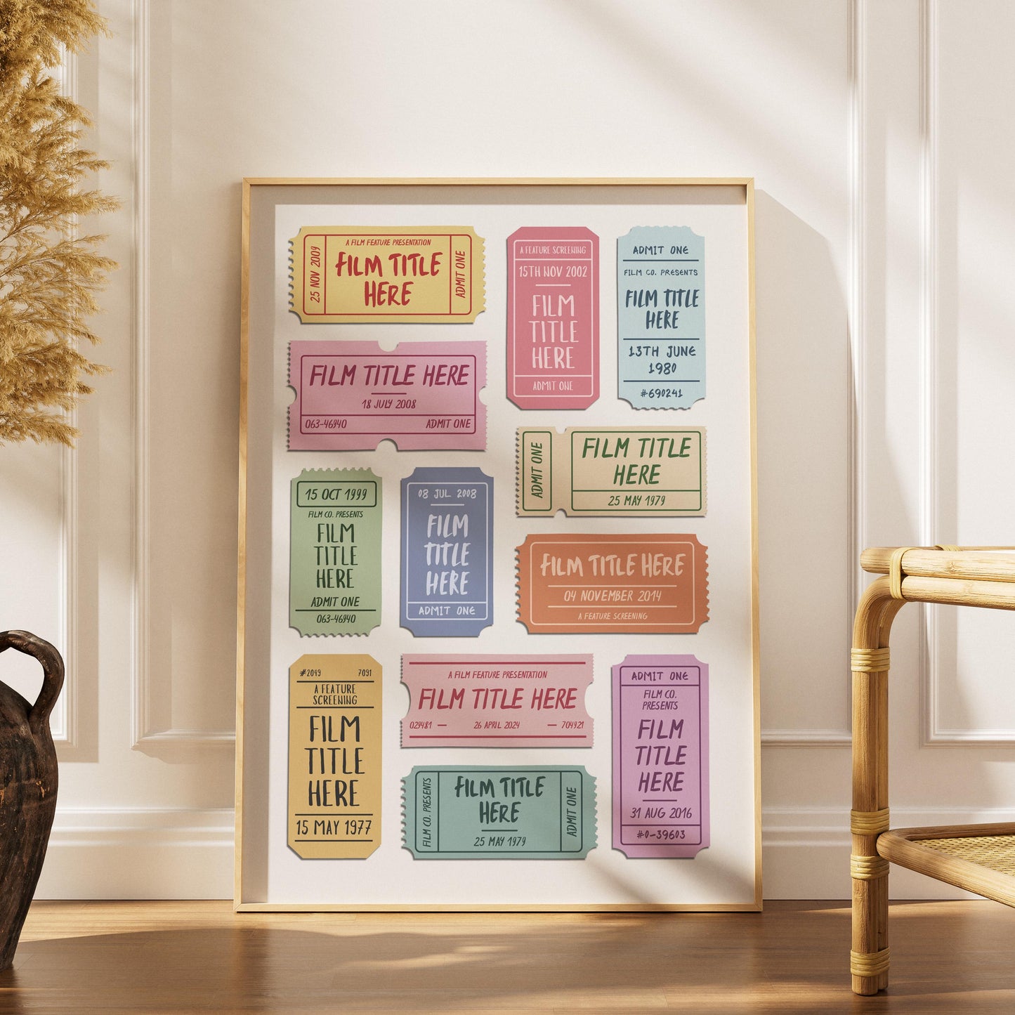 A boho scandi living room with a Custom illustration style movie theatre ticket stubs print placed on the floor. A great nostalgic gift for cinema buffs and blockbuster fans.