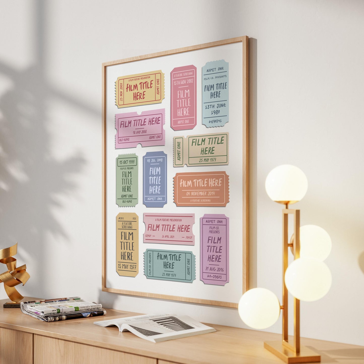 A warm cosy home setting in a hallway. A vintage style personalised art poster is on the wall showcasing his and hers favourite movies.