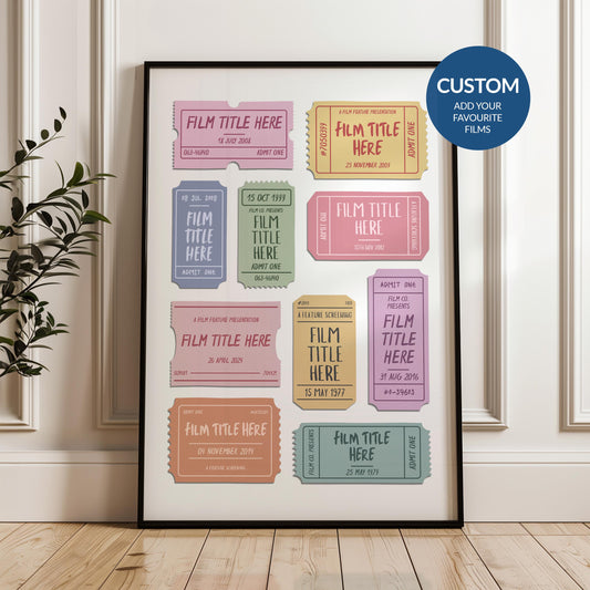 Framed pastel movie ticket print leaning on a white panelled wall. Customized with up to 12 tickets, perfect nostalgic cinema memory gift.