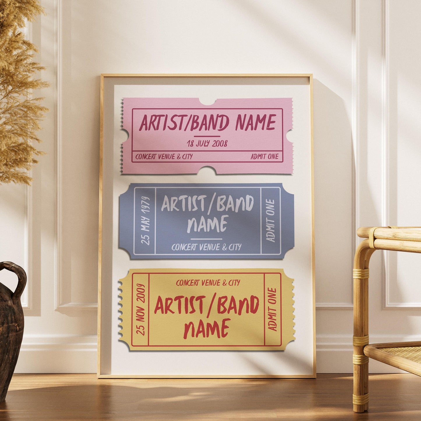 aesthetic three music event stub wall art in a Scandinavian/boho style home.