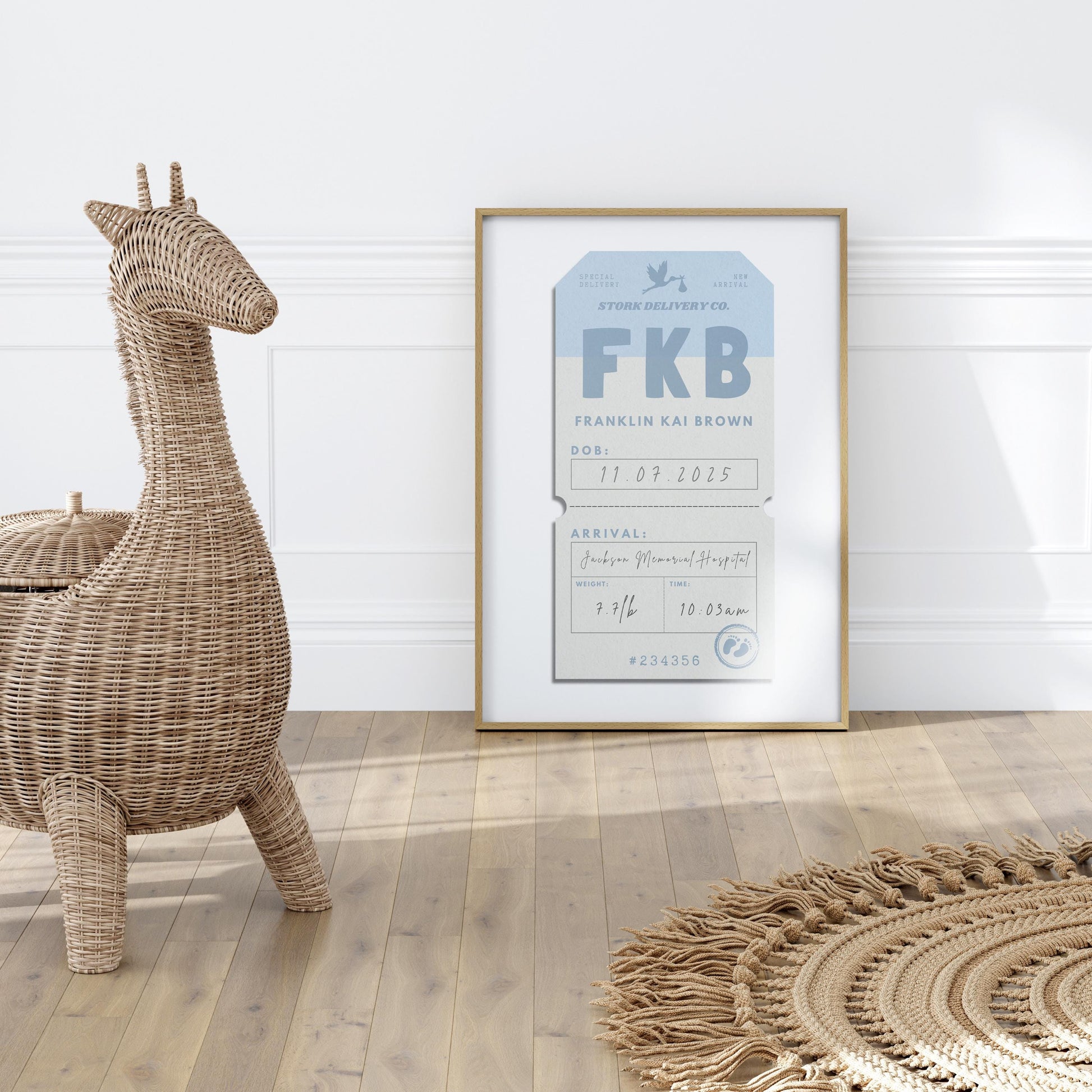A retro luggage tag poster with details on a newborn arrival on it such as weight and full name. The art is in a bright nursery with a rattan rug and basket.