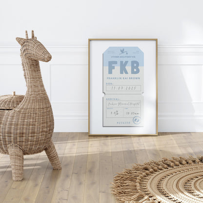 A retro luggage tag poster with details on a newborn arrival on it such as weight and full name. The art is in a bright nursery with a rattan rug and basket.