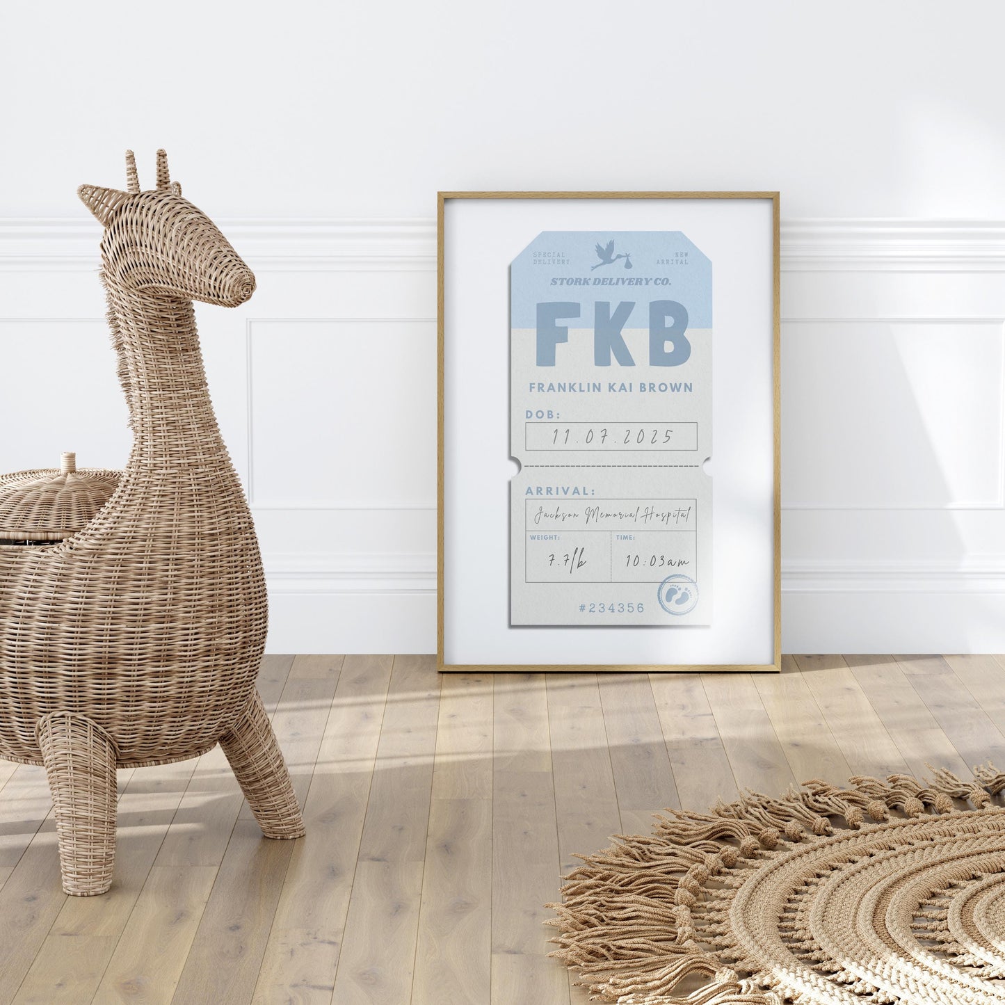 A retro luggage tag poster with details on a newborn arrival on it such as weight and full name. The art is in a bright nursery with a rattan rug and basket.