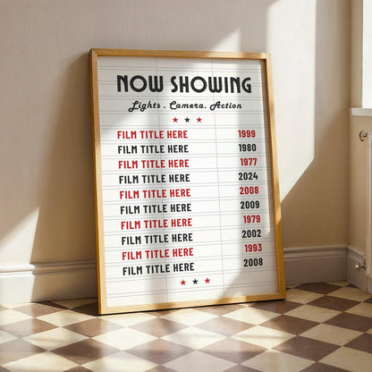 A checkerboard kitchen floor with a poster leaning on the wall. The wall art has a title saying "NOW SHOWING" and has red and black text displaying various films and dates.