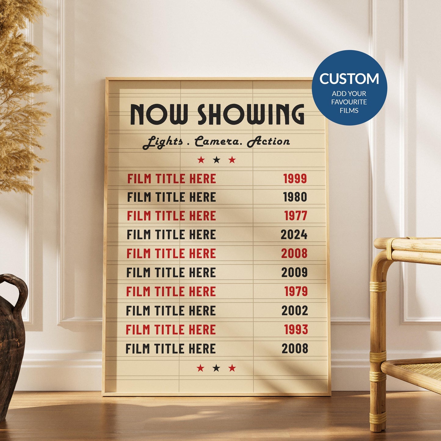 A boho home living room with a framed vintage movie print, customised with up to 10 tickets.