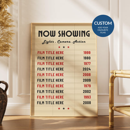 A boho home living room with a framed vintage movie print, customised with up to 10 tickets.