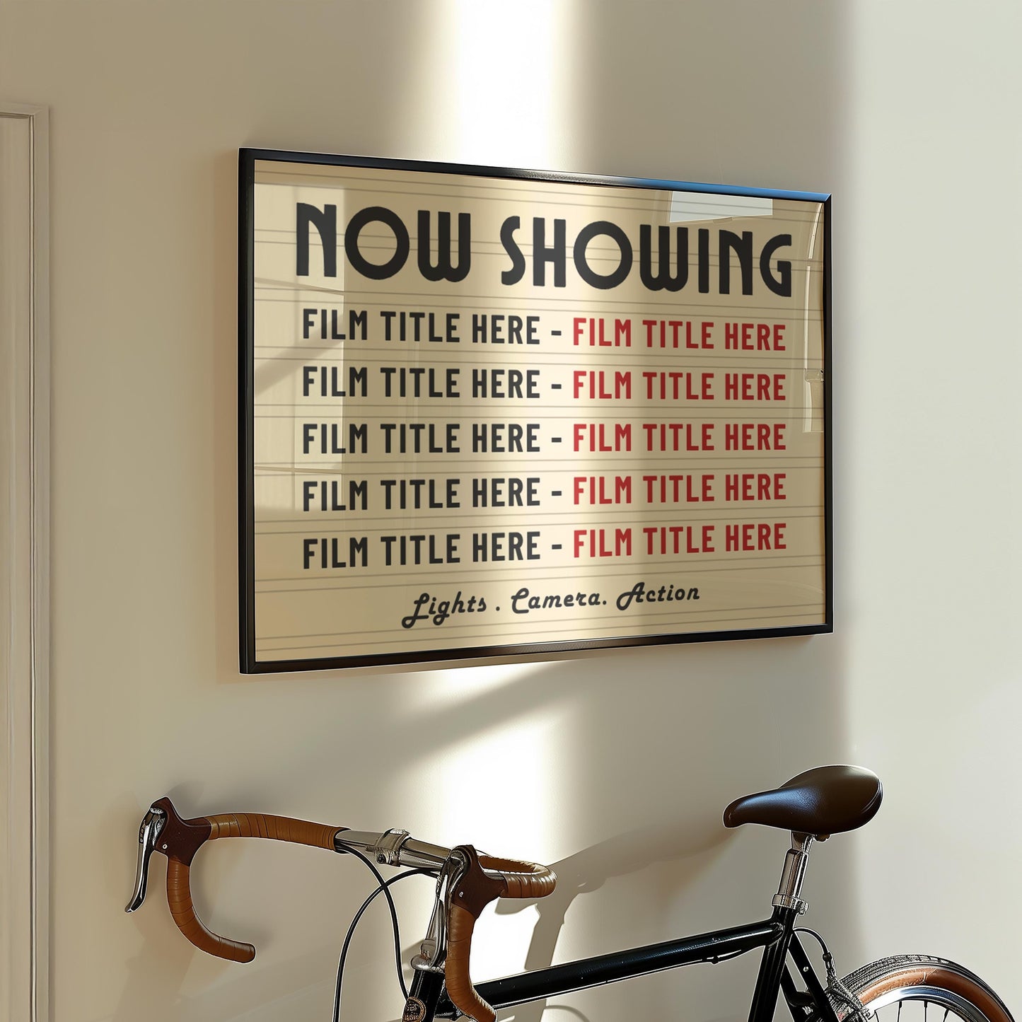 A Parisian style apartment with a bike leaning in the hallway. Hung on the wall is a classic movies poster custom made with chosen films.