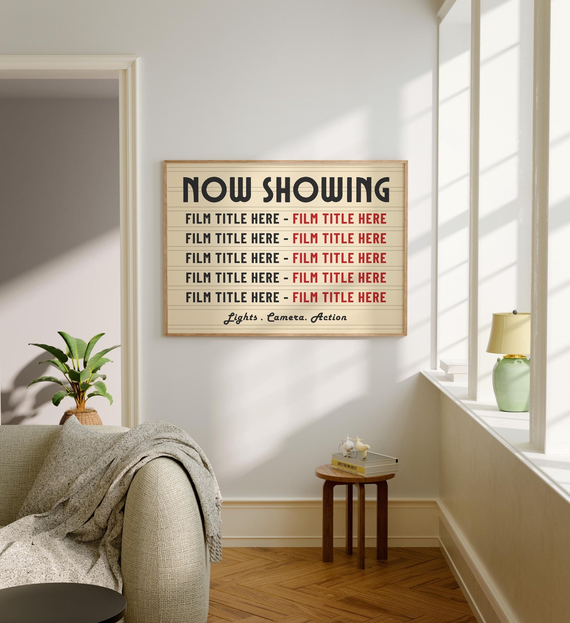 A modern family home with a retro inspired film poster on the wall. The family have  chosen their favourite films to feature on the poster which is inspired by old lightbox displays.