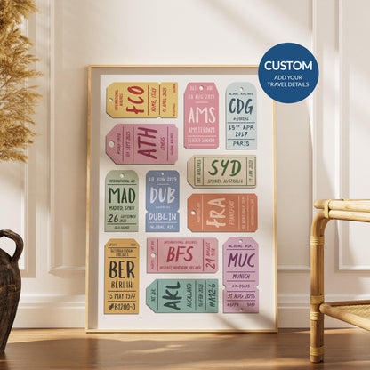 A boho inspired living room with a framed poster leaning on the wall. It is a framed Custom Vintage Luggage Tag Poster in a pastel sketch style.