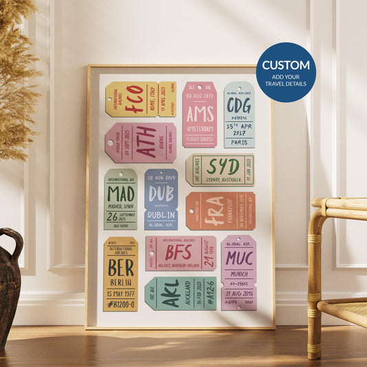 A boho inspired living room with a framed poster leaning on the wall. It is a framed Custom Vintage Luggage Tag Poster in a pastel sketch style.