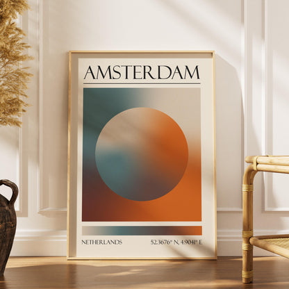 A boho scandi style home living room with a colourful poster leaning on the wall. The art is a dopamine decor style aura print with the colours of amsterdam.