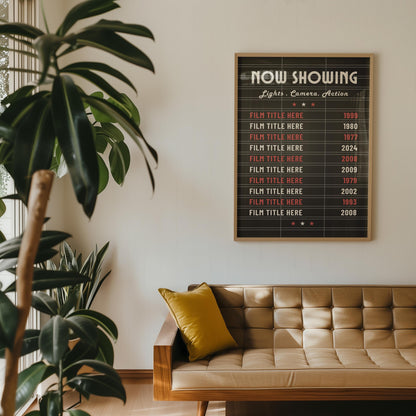 A retro apartment with a poster hung on the wall above a leather sofa. The art is a black letterboard style cinema lover wall art piece.