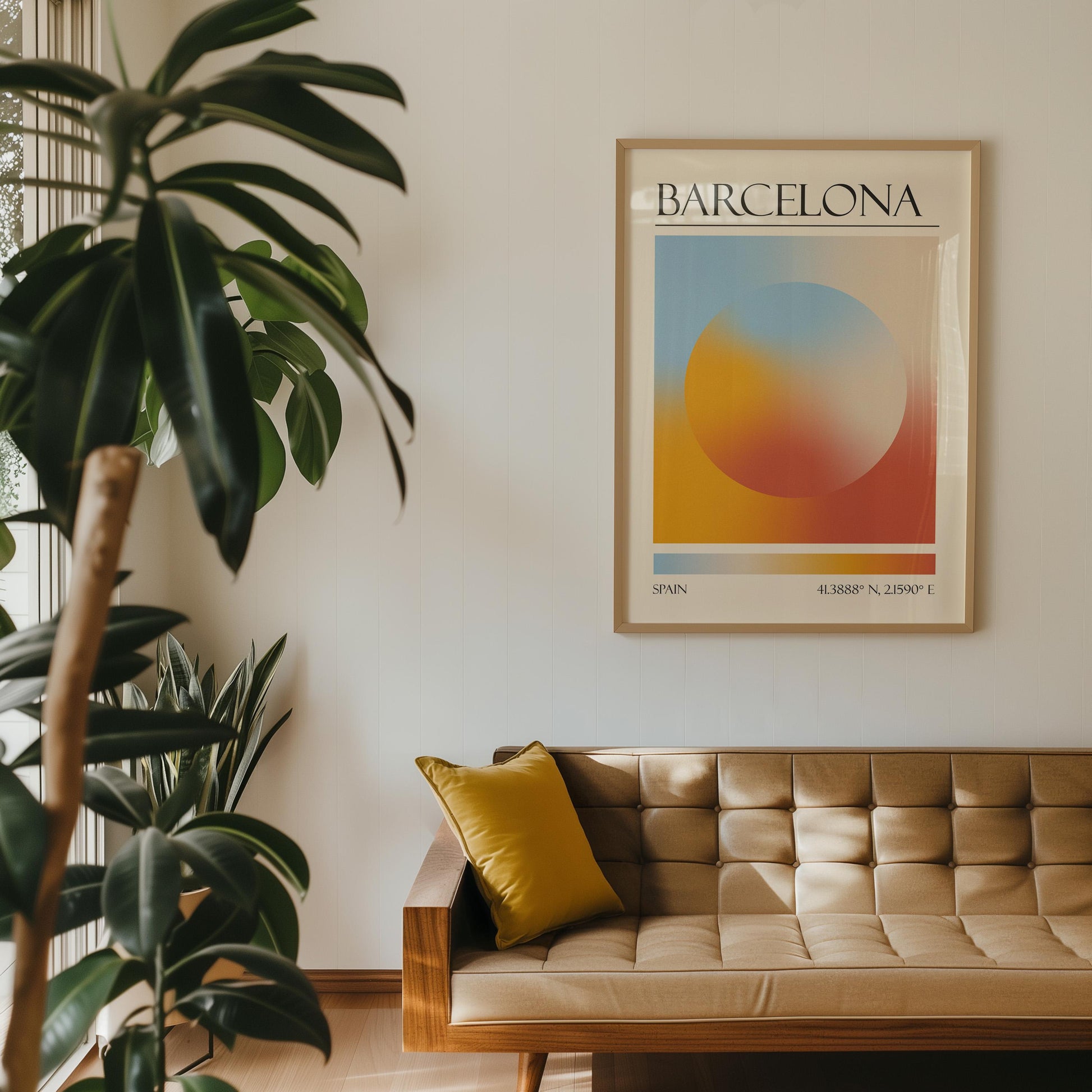A feminine print featuring a colourful destination aura colour scheme. Below the eclectic design, coordinates are printed for Spain. The art is on the wall in a retro Livingroom with a mustard-yellow cushion resting on a tan tufted sofa.
