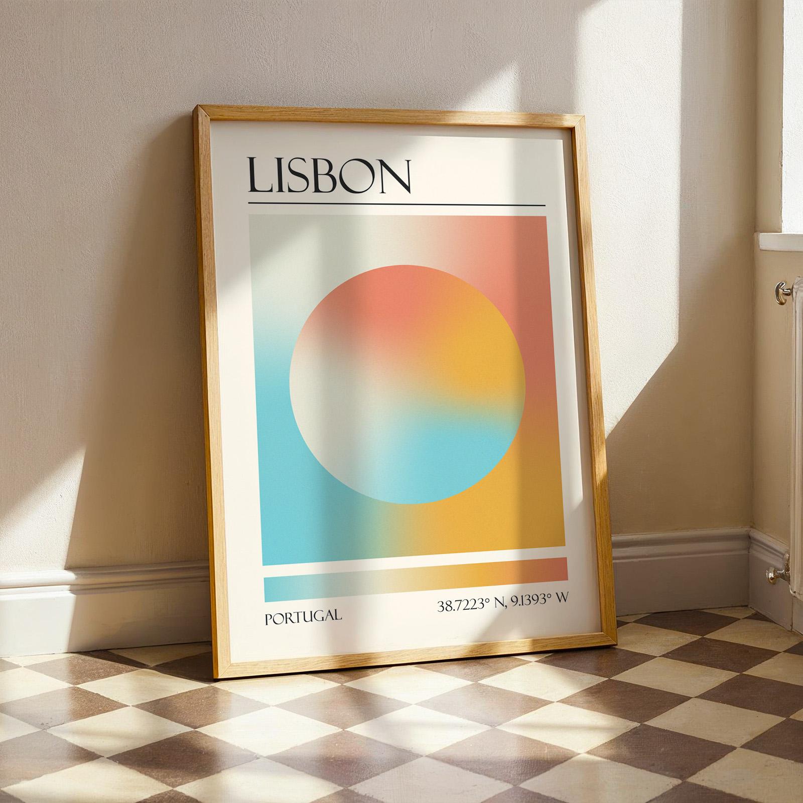 A framed print with the word "LISBON" at the top. The modern location artwork features orange, pink and teal in an abstract style as colours of Lisbon. The bottom of the print reads "PORTUGAL".