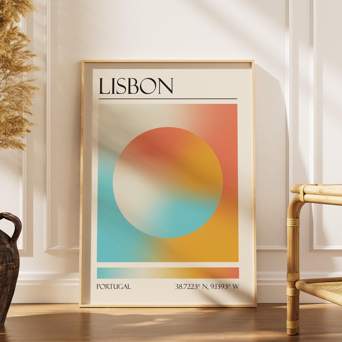 A boho scandi style home living room with a colourful poster leaning on the wall. The art is a dopamine decor style aura print with the colours of Lisbon.