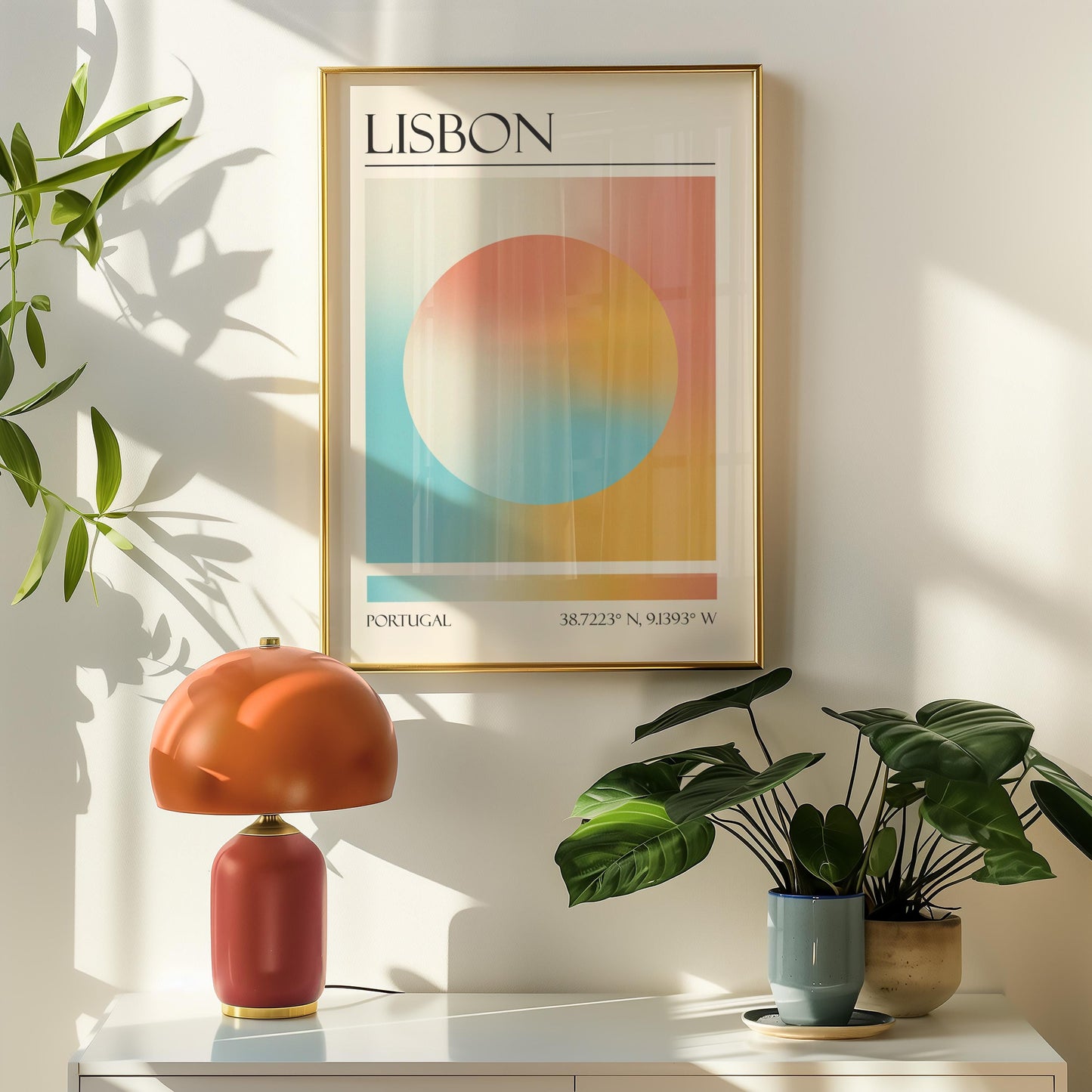 A framed travel poster featuring a geometric aura inspired design in shades of blue, orange, and pink hangs above a orange table lamp. Potted plants are on the right.