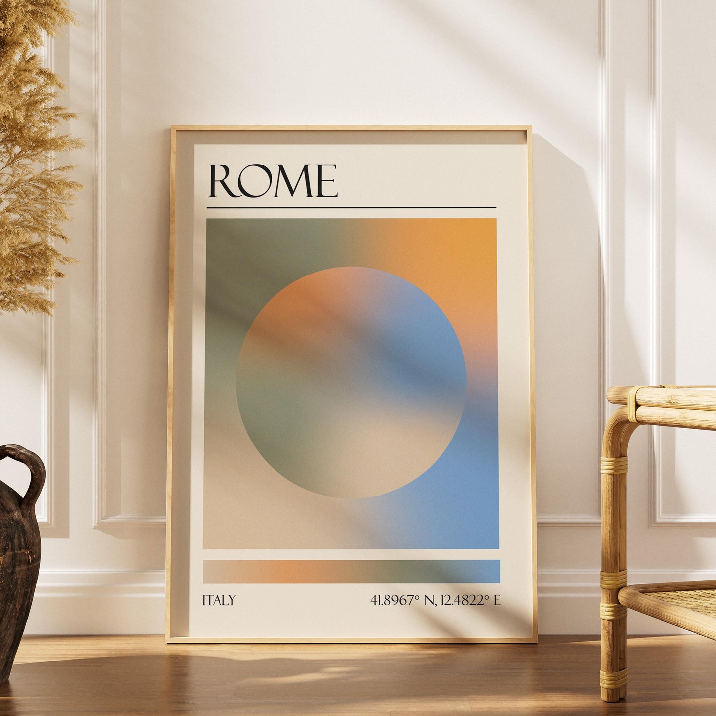 A boho scandi style home living room with a colourful poster leaning on the wall. The art is a dopamine decor style aura print with the colours of Rome.