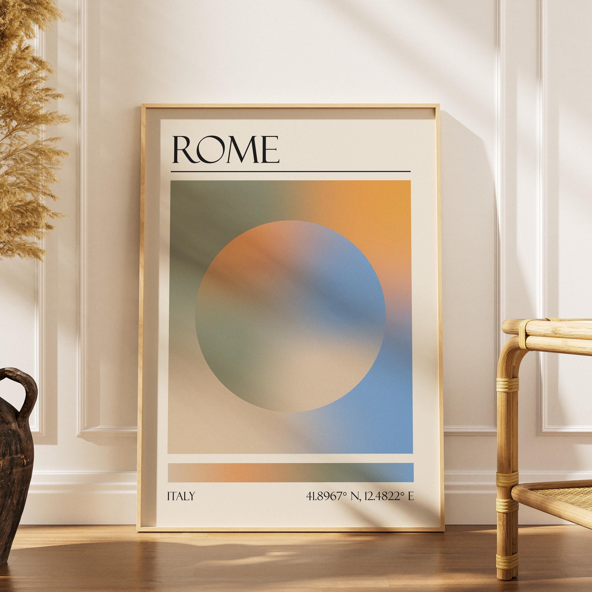 A boho scandi style home living room with a colourful poster leaning on the wall. The art is a dopamine decor style aura print with the colours of Rome.