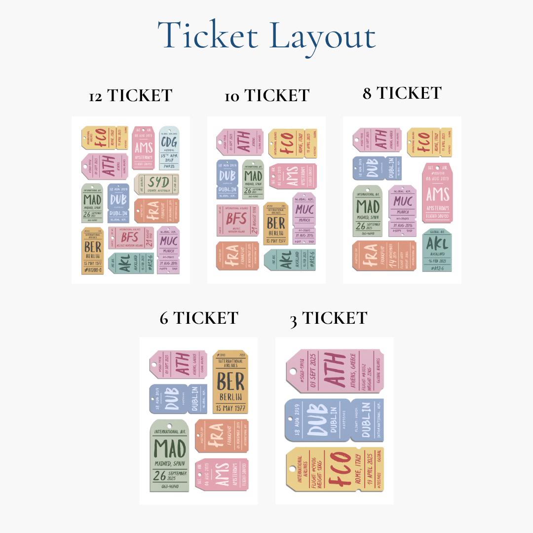 A personalised print of your destinations on colourful airport tags available to display multiple various tags for all of your holidays and memories. A chart shows the ticket layouts of 3, 6, 8 10 and 12 tags on a poster.