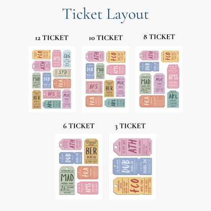 A personalised print of your destinations on colourful airport tags available to display multiple various tags for all of your holidays and memories. A chart shows the ticket layouts of 3, 6, 8 10 and 12 tags on a poster.