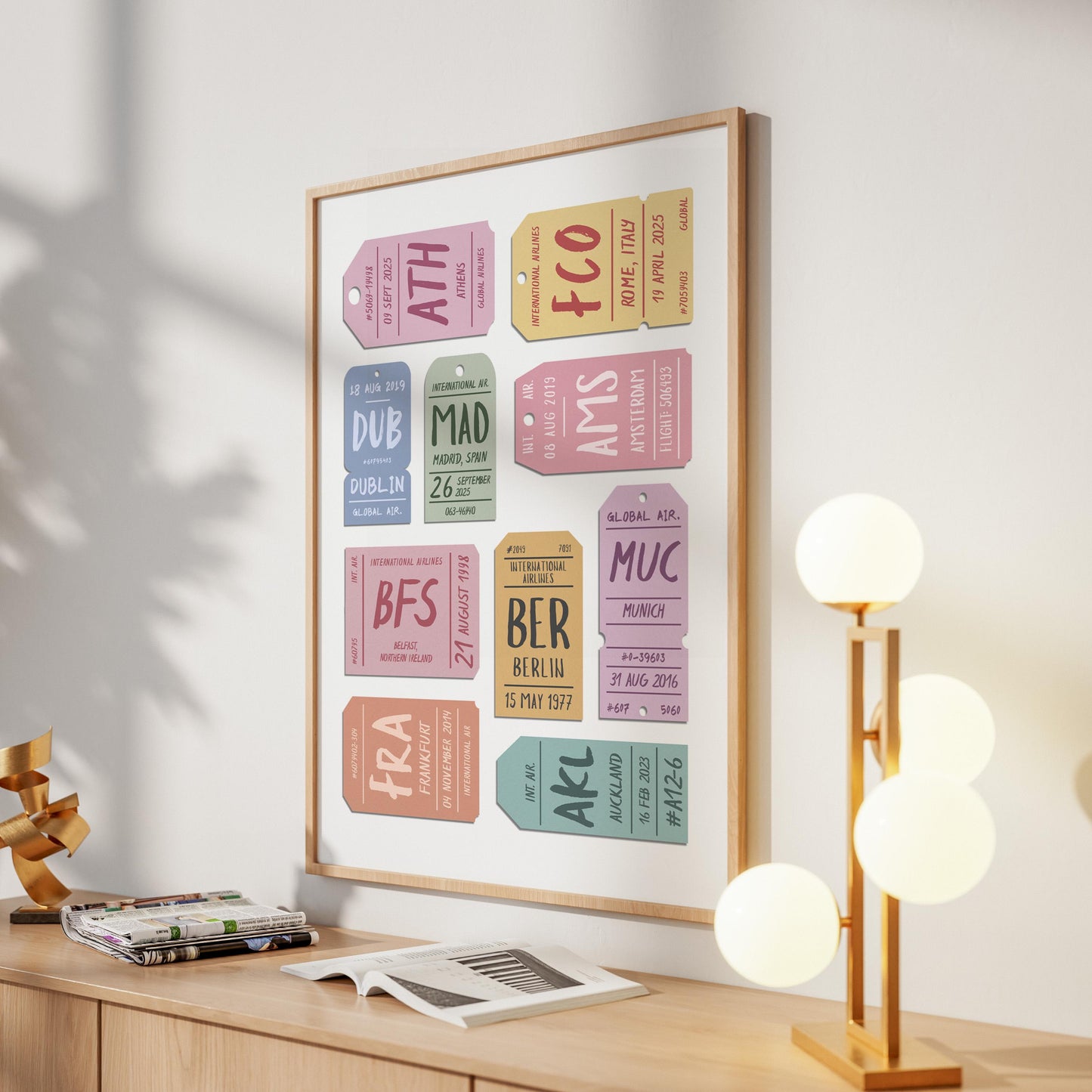 A modern hallway in an apartment with a framed print of personalised airport boarding passes - an ideal gift for frequent flyers and holiday keepsake collectors