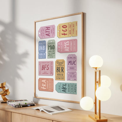 A modern hallway in an apartment with a framed print of personalised airport boarding passes - an ideal gift for frequent flyers and holiday keepsake collectors