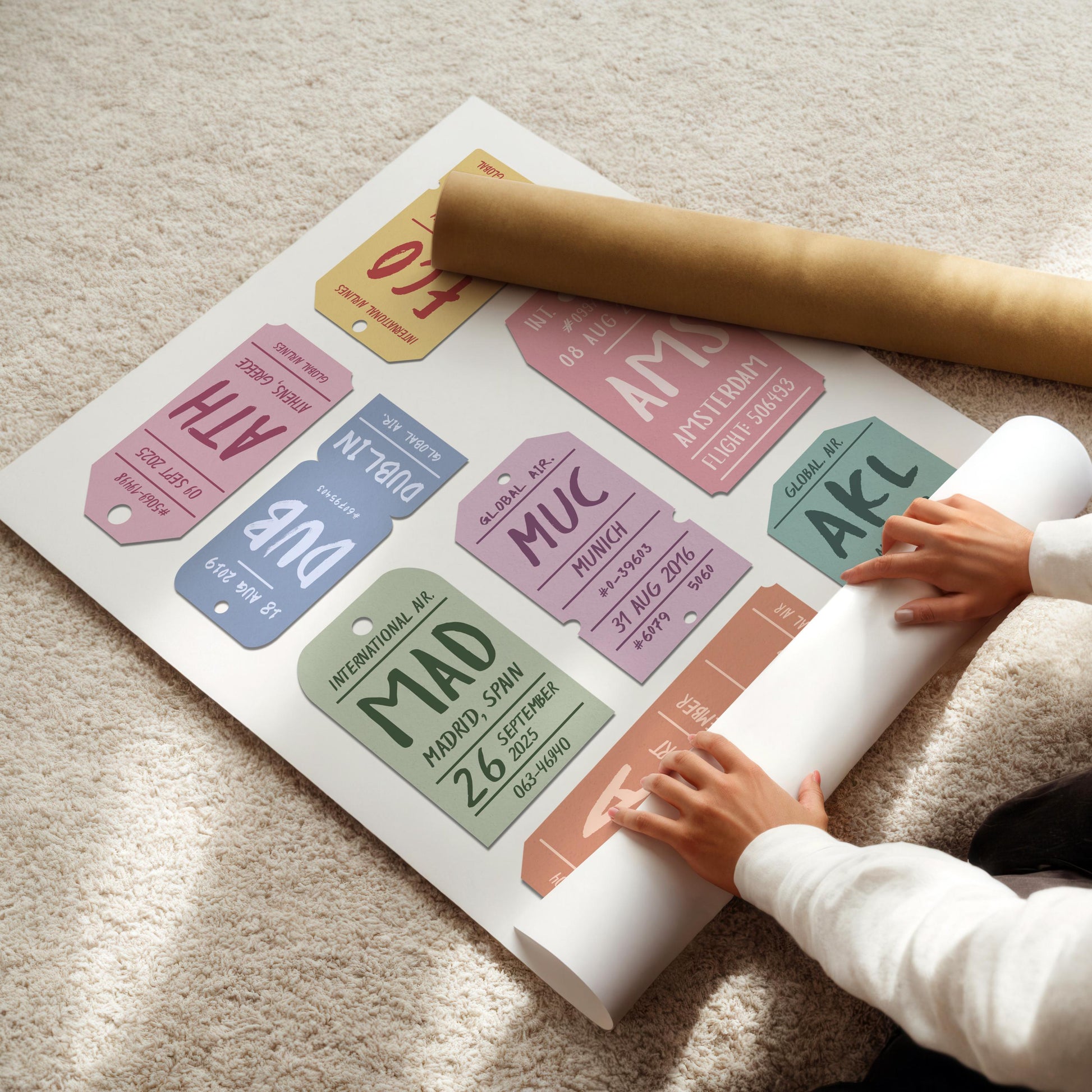 A quality thick poster being rolled out on a lush carpet. The art is for aviation lovers displaying their trips and holidays in a luggage ticket typography art style.