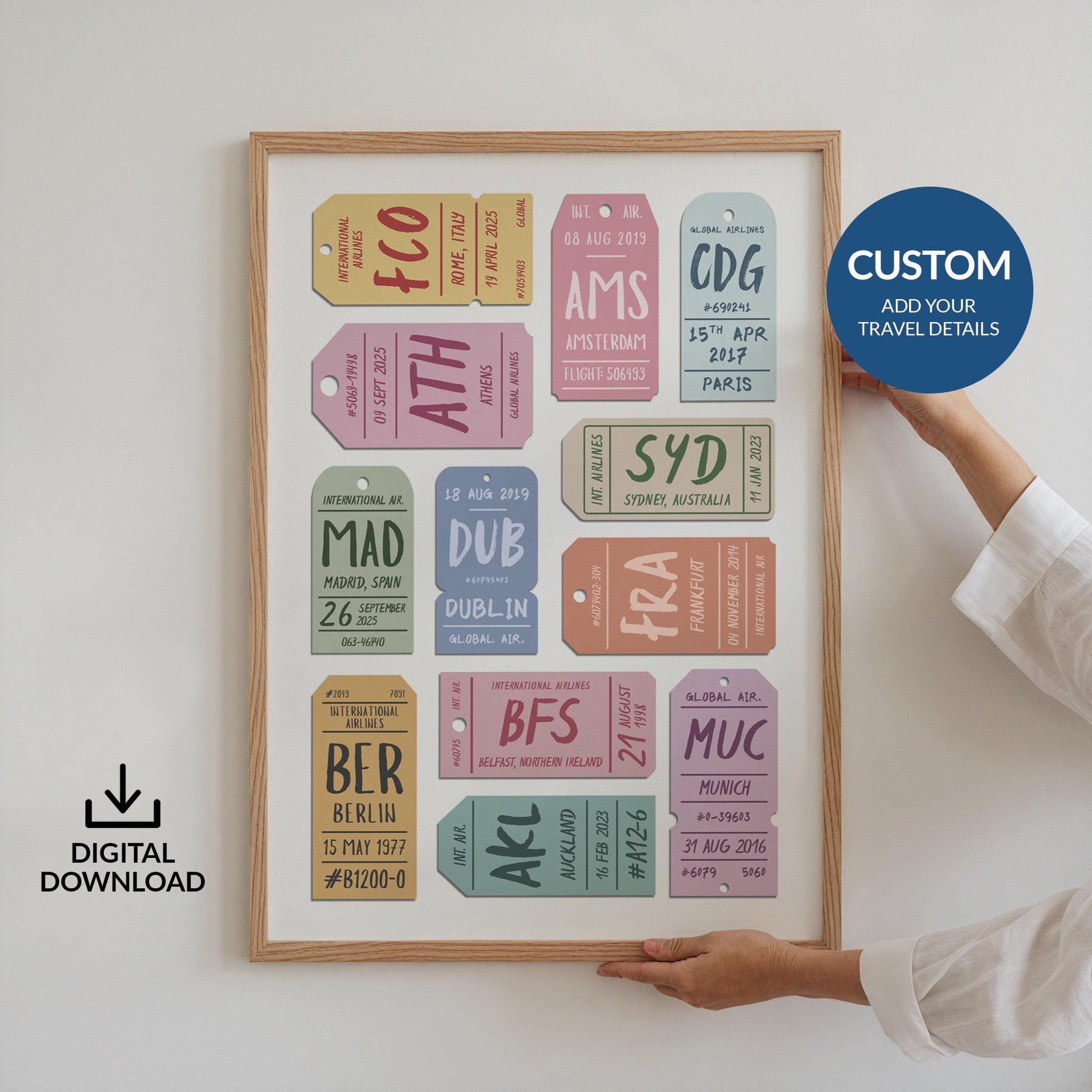 Someone holding up a framed poster on a white wall. The art is an illustration memory piece in bright colours to display bespoke city trips, interrail holidays and backpacking travels on stylish drawn luggage tickets.