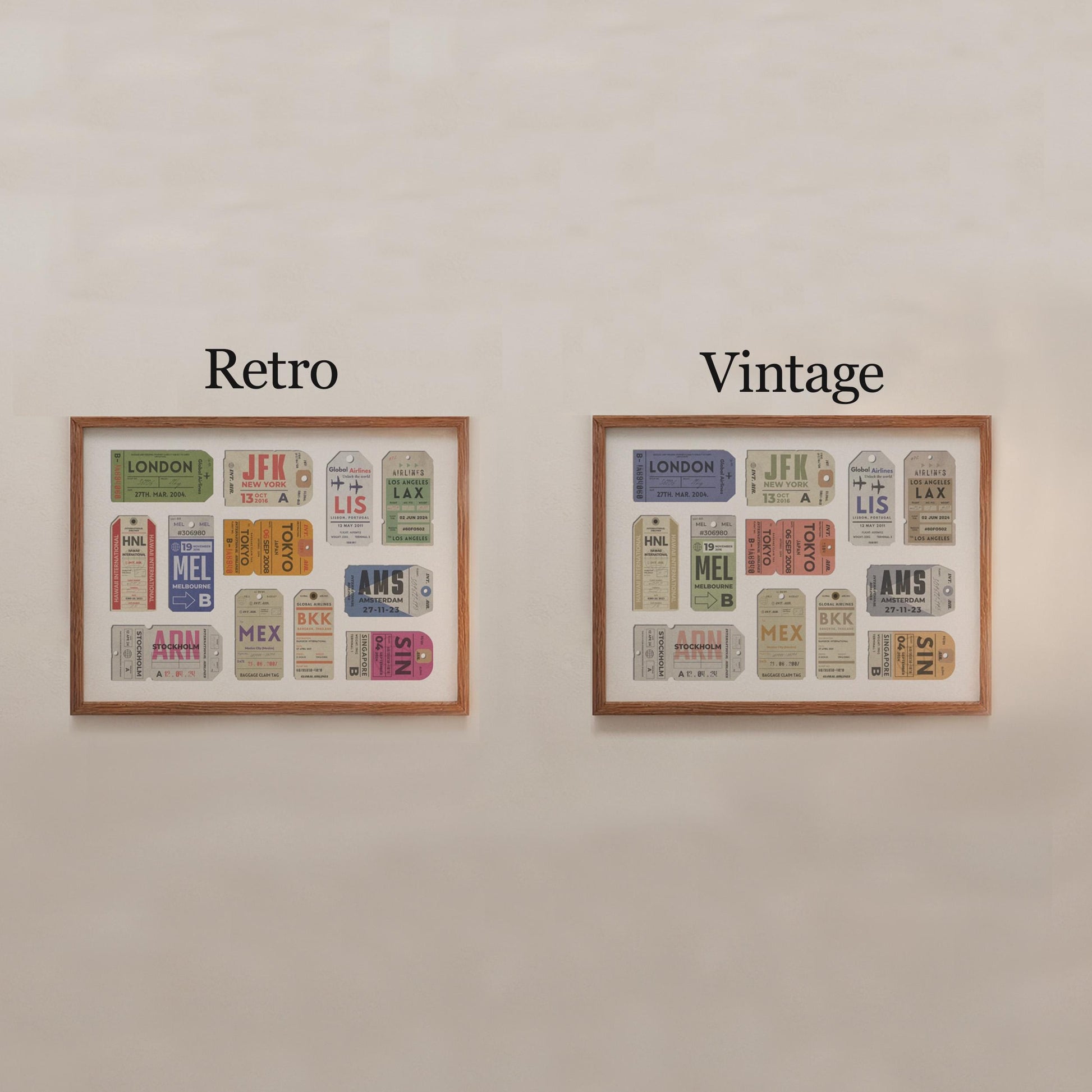 personalised airport code poster for travellers available in a vibrant retro or muted vintage colour scheme.
