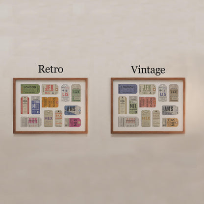 personalised airport code poster for travellers available in a vibrant retro or muted vintage colour scheme.