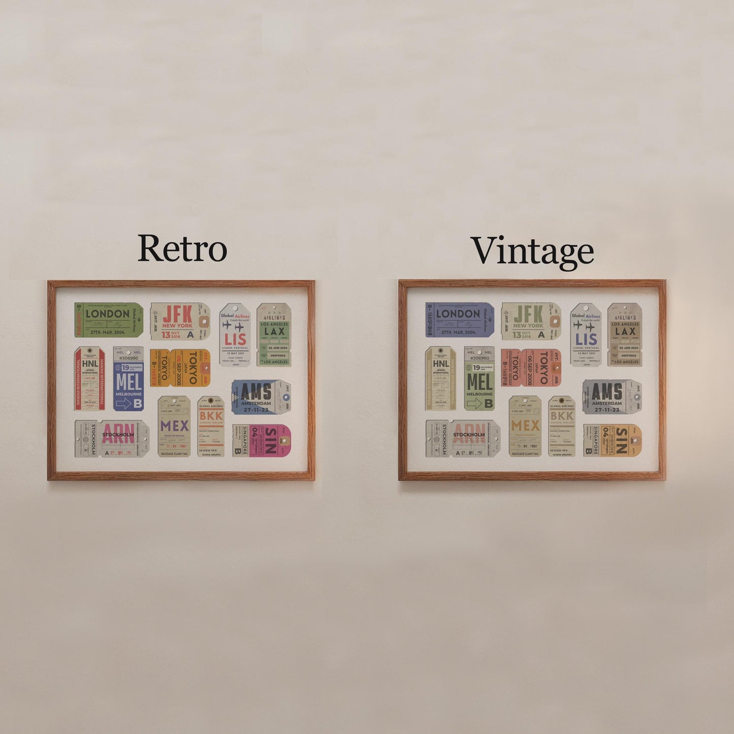 personalised airport code poster for travellers available in a vibrant retro or muted vintage colour scheme.