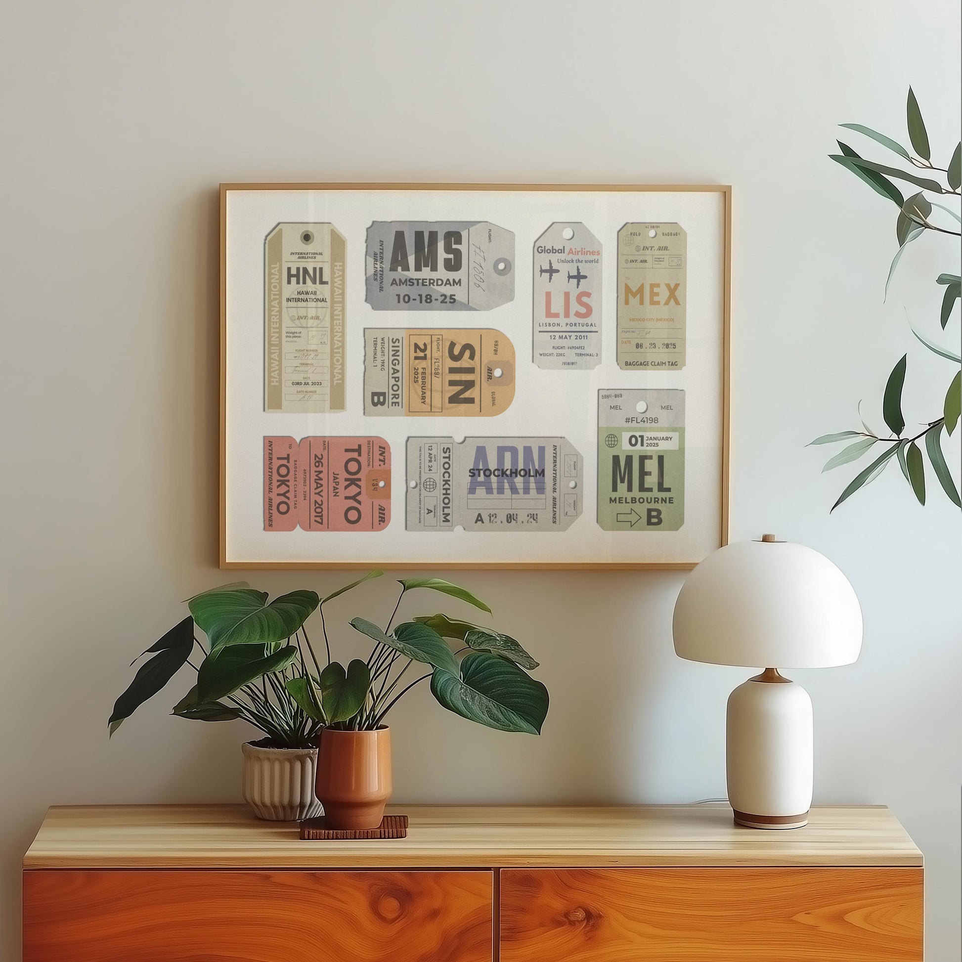 framed print of personalised airport luggage tags, ideal gift for frequent flyers and holiday keepsake collectors