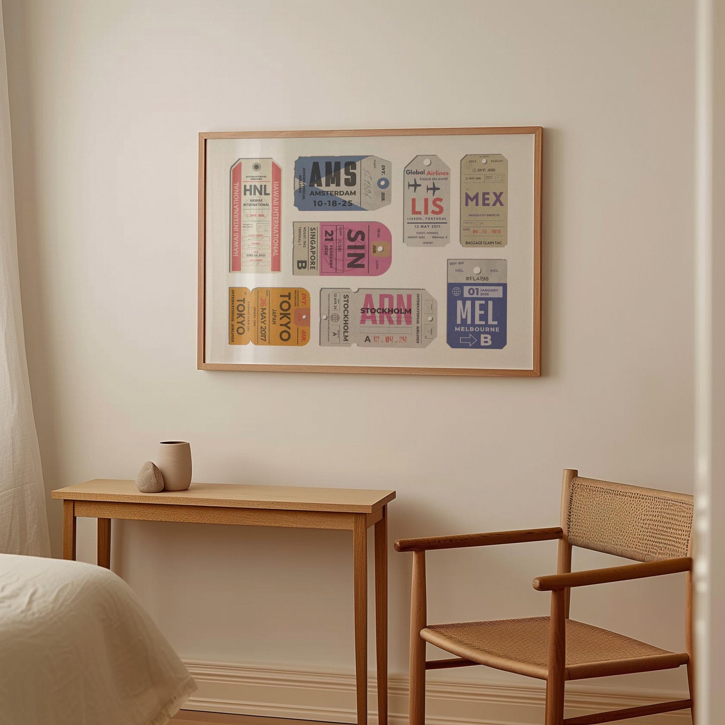 Travel-themed framed print with custom unique airport tags for your trips, physical wall art for memory-filled holiday décor.