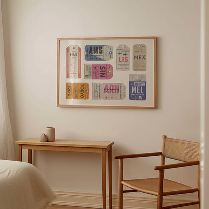 Travel-themed framed print with custom unique airport tags for your trips, physical wall art for memory-filled holiday décor.