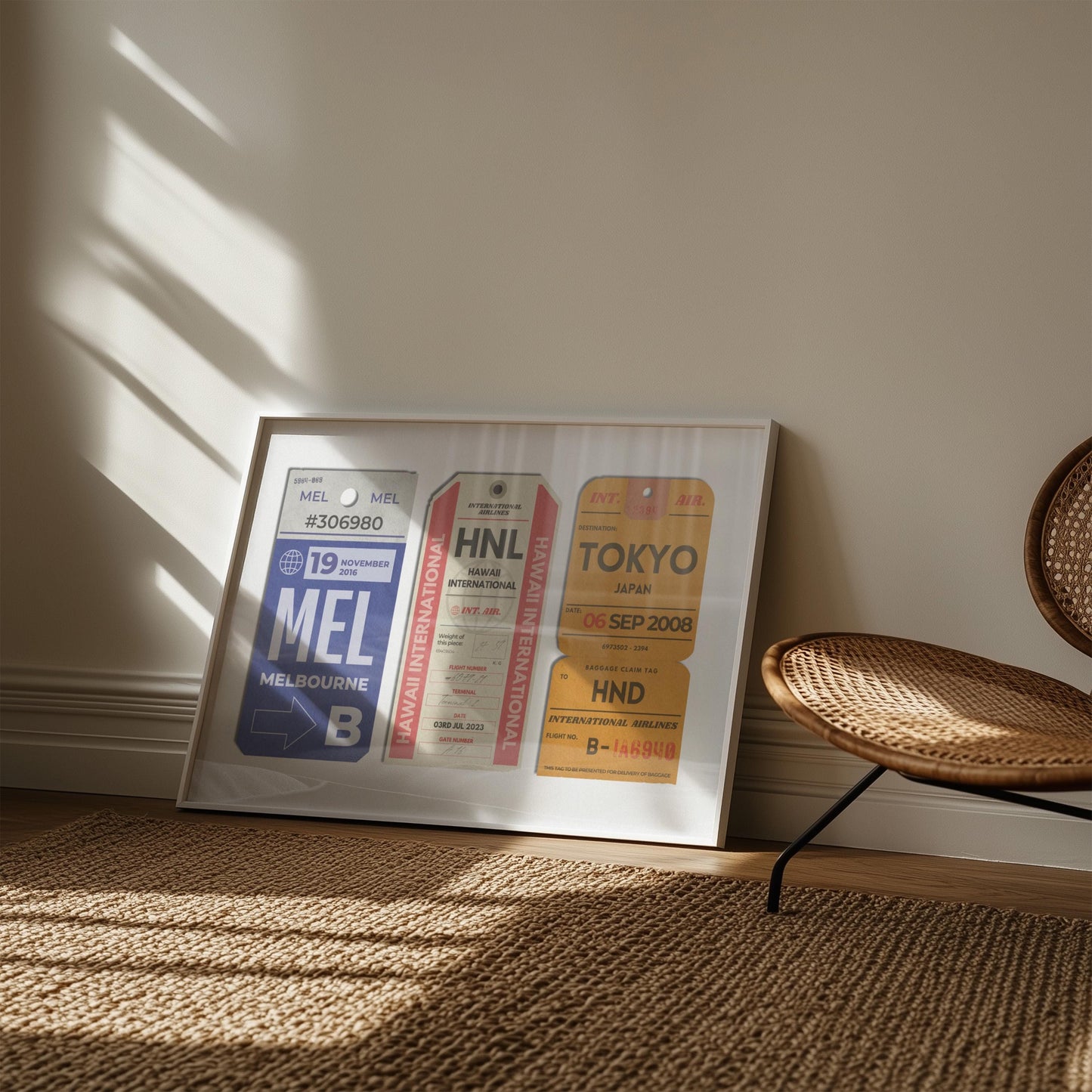 Nostalgic personalised airport tag Custom Vintage Luggage Tag Poster in bedroom, framed travel gift perfect for jetsetters and flight memories.
