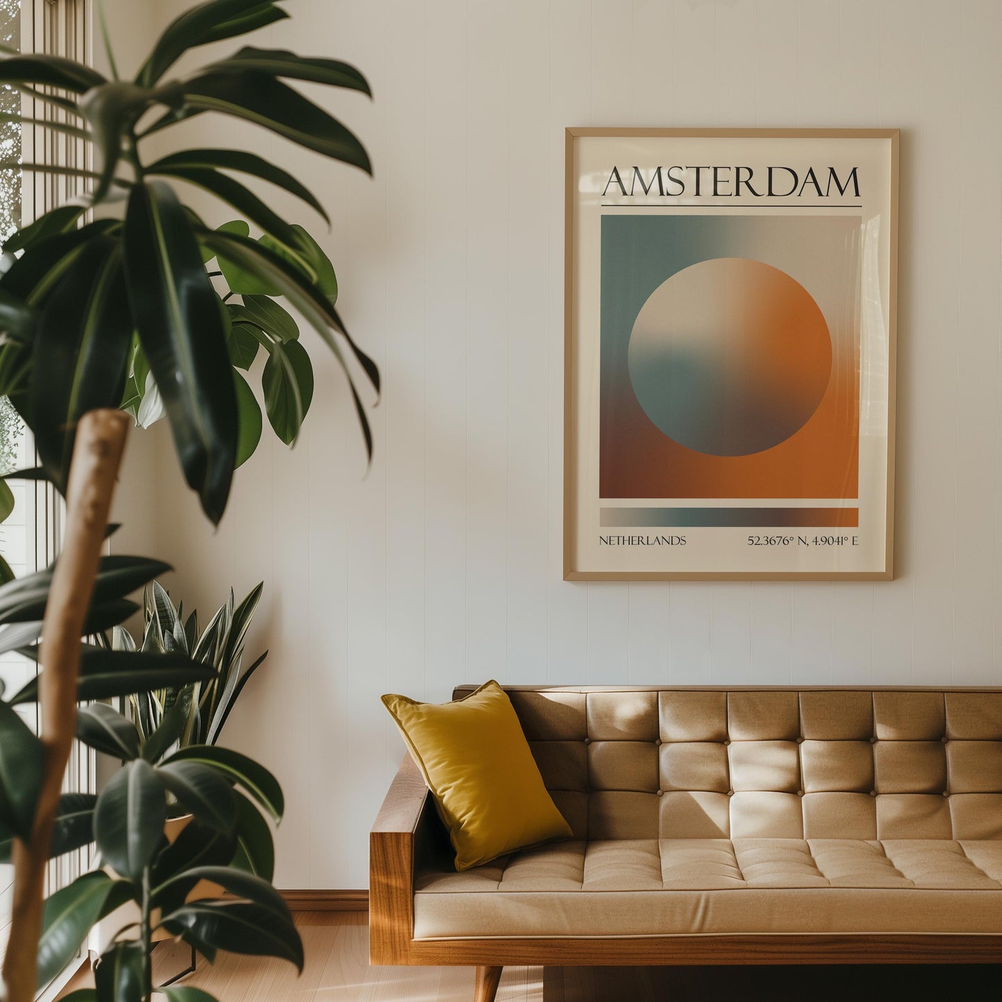 A feminine print featuring a colourful destination aura colour scheme. Below the eclectic design, coordinates are printed for The Netherlands. The art is on the wall in a retro Livingroom with a mustard-yellow cushion resting on a tan tufted sofa.